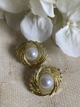 Gold Sunburst Pearl Stud Earrings, 2 of 6