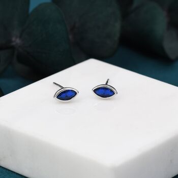 Sterling Silver Sapphire Blue Marquise Stud Earrings, 3 of 12