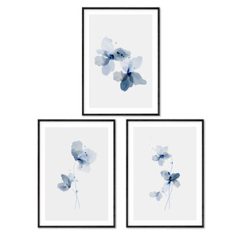 Set Of Three Blue Floral Watercolour Art Prints, 2 of 7