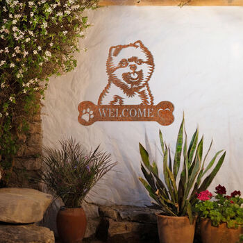 Customisable Pomeranian Welcome Metal Wall Art Sign For Home And Garden Decor, 7 of 11