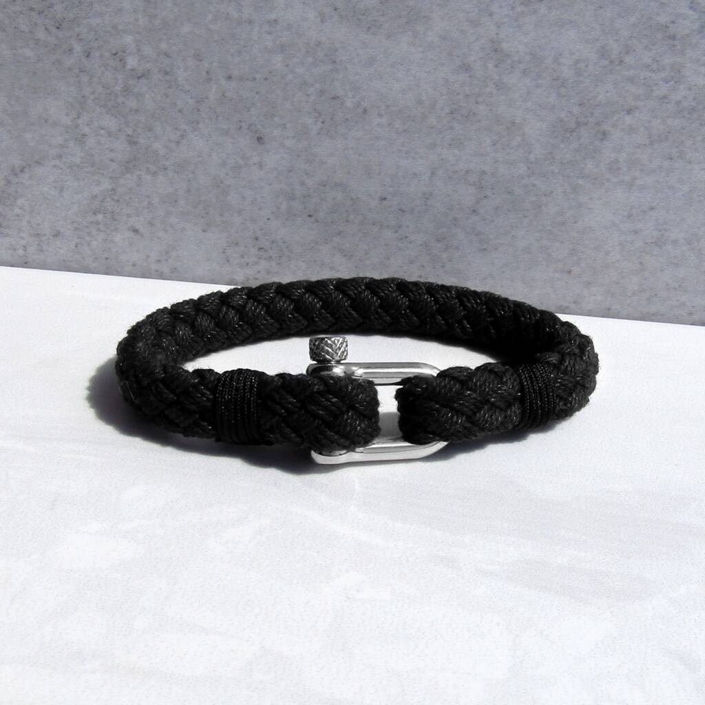 Men's Nautical Shackle And Black Thick Rope Bracelet, 1 of 3