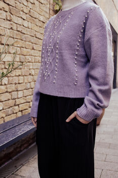 Lilac Cable Knit Pearl Embellished Jumper, 2 of 4