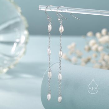 Sterling Silver Oval Freshwater Pearl Long Drop Hook Earrings, 3 of 11