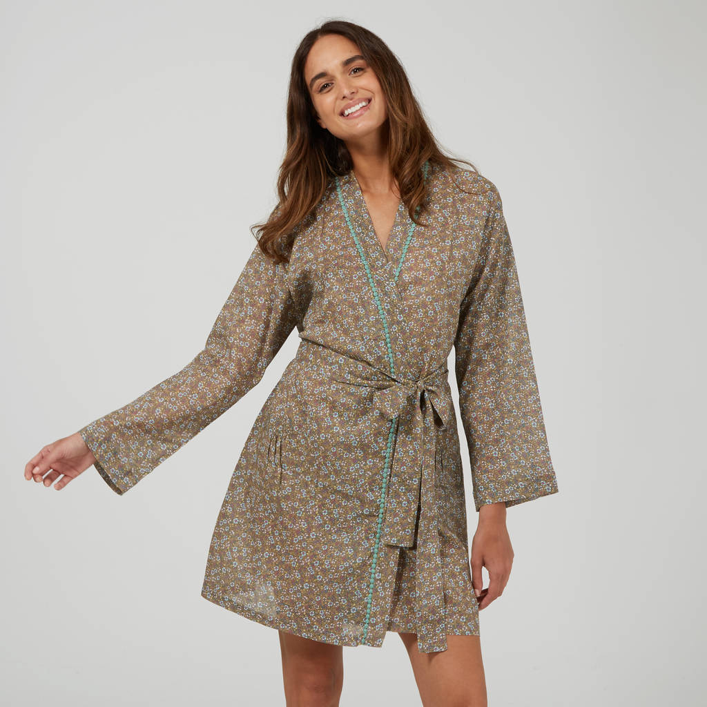 Short Cotton Robe In Taupe Ditzy Print By Caro London ...