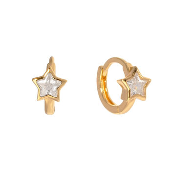 18ct Gold Plated Cz Star Bezel Huggie Hoop Earrings, 2 of 6
