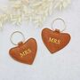 Mrs And Mrs Same Sex Couple Leather Heart Keyring Set, thumbnail 3 of 7