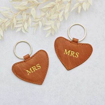 Mrs And Mrs Same Sex Couple Leather Heart Keyring Set, 3 of 7