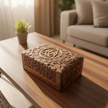 Gothic Wooden Gift; Floral Triquetra Carved Box, 2 of 7
