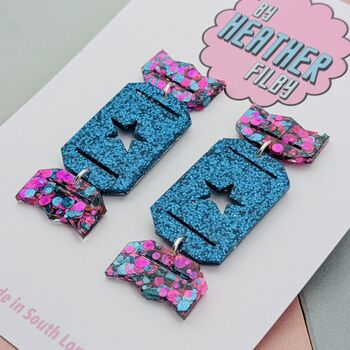 Christmas Cracker Glitzy Glitter Resin Christmas Earrings Red And Gold And Blue And Purple, 7 of 8