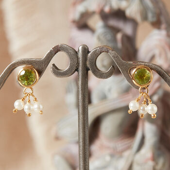 Green Peridot Pearl Gold And Silver Stud Drop Earrings, 3 of 11