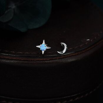 Mismatched Starburst And Moon Stud Earrings In Sterling Silver With Lab Opal, 6 of 12