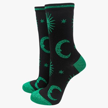 Women's Bamboo Socks Black Green Celestial, 2 of 3