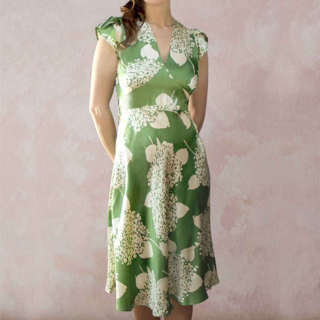 Green Hydrangea Print Crepe Party Dress