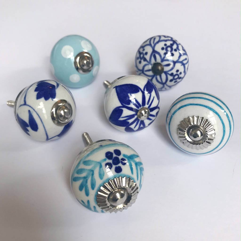 Original Set Of Six Assorted Blue Coloured Drawer Knobs 