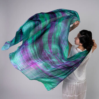 100% Mulberry Silk Scarf, Emerald Green Purple, Aurora Borealis In Gift Box, 9 of 9