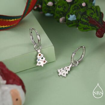 Dainty Christmas Tree Charm Hoop Earrings In Sterling Silver, 2 of 10