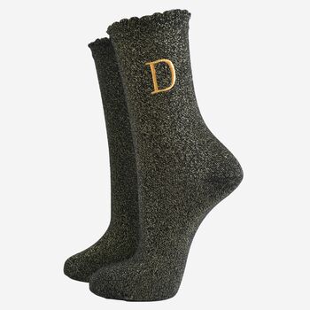 Women's Glitter Socks Black Gold Initial 'D', 2 of 5