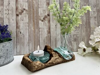 Molten Glass Mini Vase And Tealight Set On Teak Root Base, 4 of 12