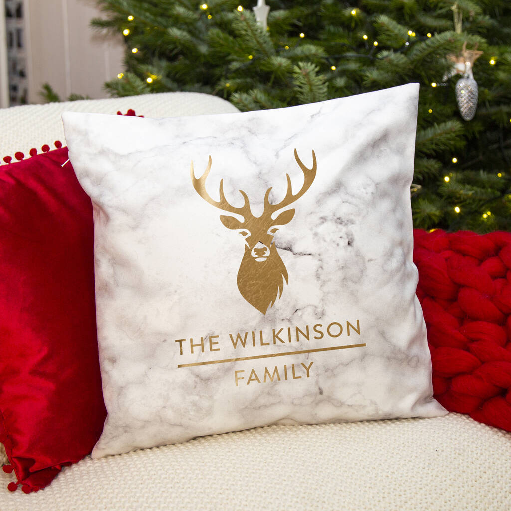 Personalised Stag Head Surname Marble Cushion By Ellie Ellie
