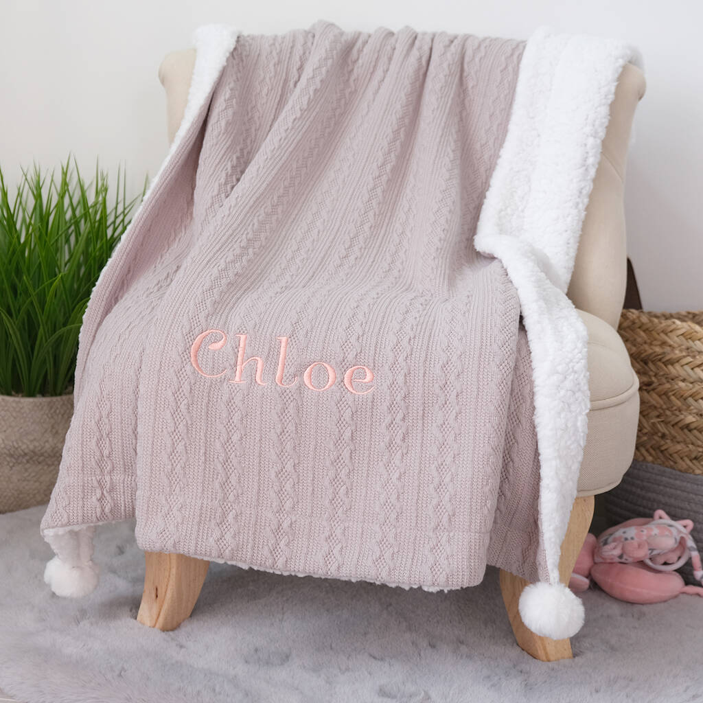 Personalised Grey Knitted Blanket With Pom Pom, 1 of 7