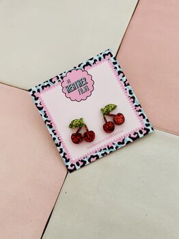 Sweet Cherry Glitter Resin Studs / Rockabilly Jewellery Retro Sparkly Fruit Studs / Gift For Her, 5 of 5