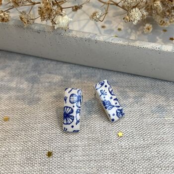 Minimalist Blue Floral Ceramic Bar Stud Earrings, Dainty Rectangular Studs, 2 of 11
