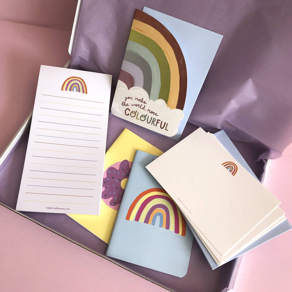 Rainbow Stationery And Card Letterbox Gift Bundle By Raspberry Blossom