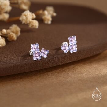 Sterling Silver Purple Enamel Hydrangea Flower Bouquet Stud Earrings, 3 of 11