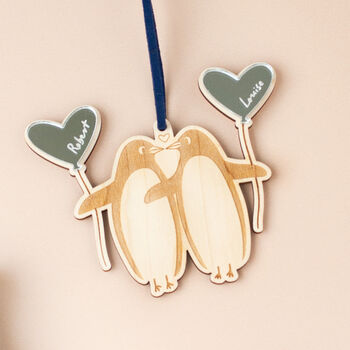 Penguins With Gold Balloons Personalised Christmas Tree Decoration, 2 of 7