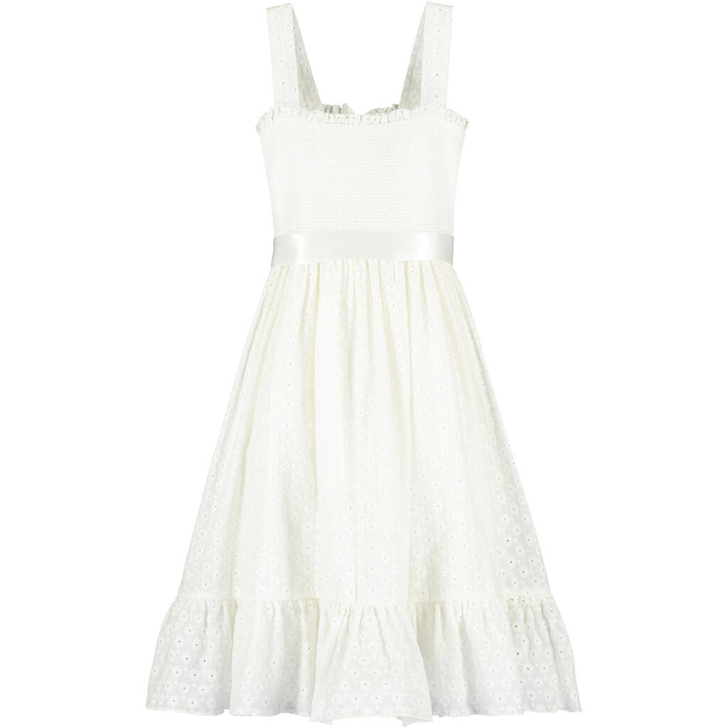 Ava Smock Embroidery Cotton Girls Occasion Dress, White, 1 of 2