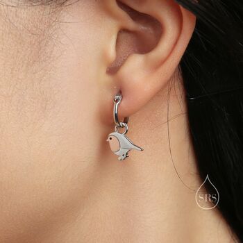 Sterling Silver Robin Bird Dangle Huggie Hoop Earrings, 4 of 10