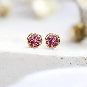 Yellow Gold Plated October Pink Tourmaline Birthstone Stud Earrings, 2 of 9