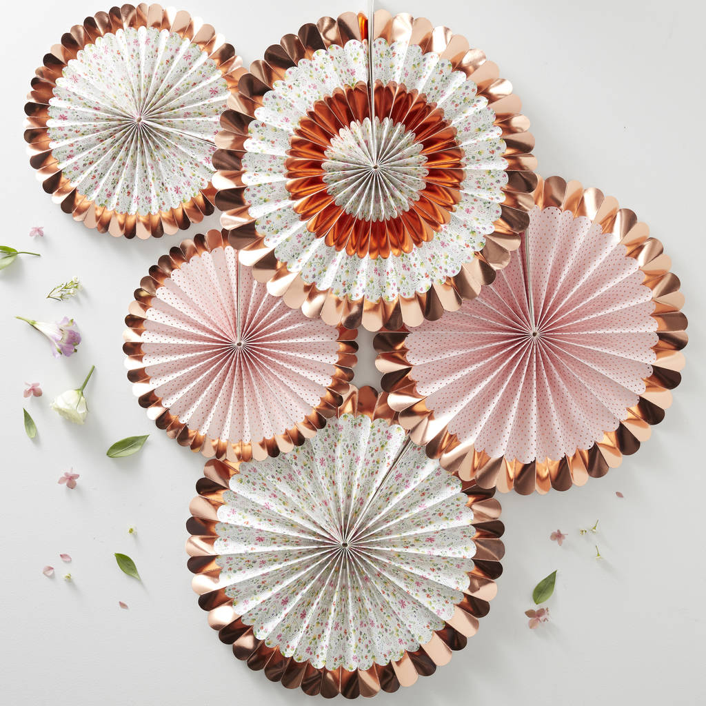 Ditsy Floral Rose Gold Foiled Pin Wheel Fan Decorations, 1 of 2