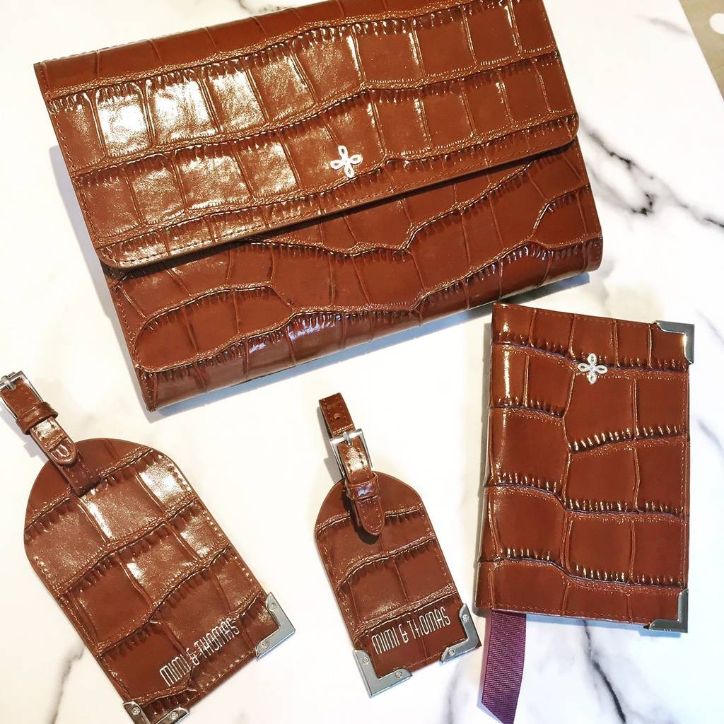 Brown Croc Leather Travel Accessories Wallet Set, 1 of 8
