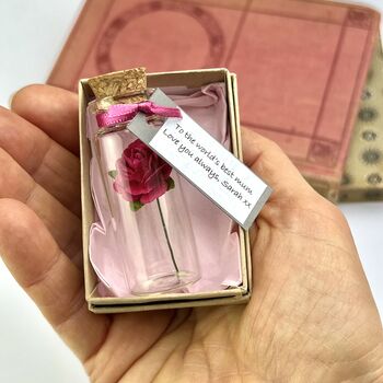 Tiny Pink Rose In A Bottle Personalised Mother’s Day Gift, 9 of 12