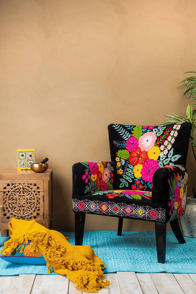 Black Embroidered Floral Armchair, 1 of 7