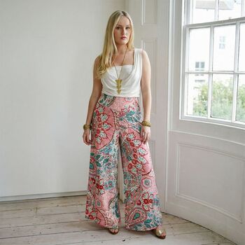 'Marlowe' Pink And Blue Paisley Viscose Palazzo Trousers, 2 of 7