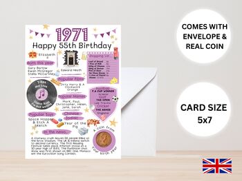 55th Birthday Card With 1971 Coin And Envelope Choose Your Colour, 2 of 3