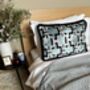 Modern, Oblong, Velvet, Ikat, Cushion With Black Silk Tassels Blue, Black And Silver Abstract Design, thumbnail 4 of 6