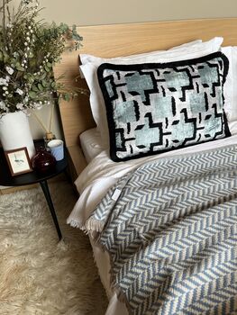 Modern, Oblong, Velvet, Ikat, Cushion With Black Silk Tassels Blue, Black And Silver Abstract Design, 4 of 6