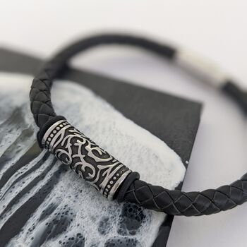Mens Leather Bracelet With A Pattern Tube Bead, 3 of 6
