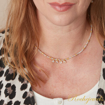 White Moonstone Short Gold And Silver Beaded Charm Necklace, 2 of 6