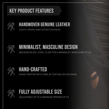Men's Black Adjustable Leather Bracelet Single Clasp, 4 of 7