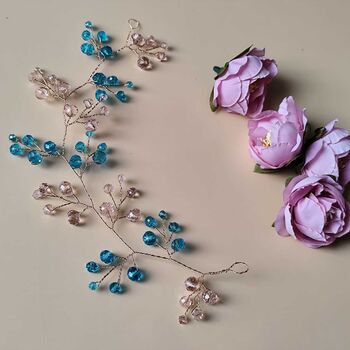 Blue And Blush Pink Crystal Bridal Hair Vine, 8 of 9