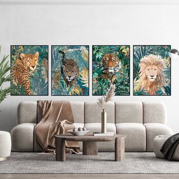 Lion In The Gold Green Jungle Leaves Wall Art Print, 3 of 5