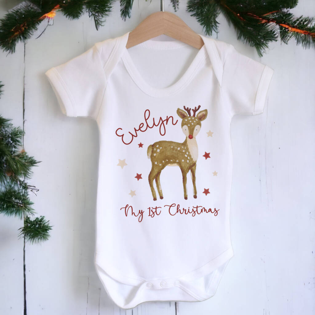 My First Christmas Hand Drawn Reindeer Baby Outfit, 1 of 6