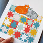 Cats On Patchwork Quilt Art Print, thumbnail 1 of 3
