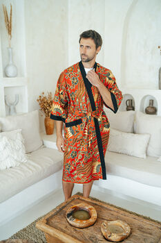Men's Batik Kimono Robe In Red, 10 of 11