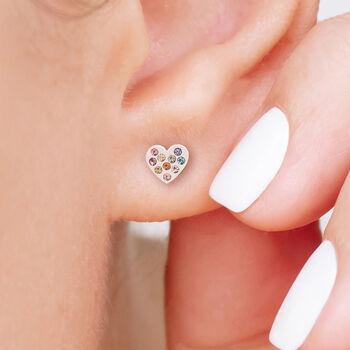 Sterling Silver Rainbow Heart Stud Earrings, 2 of 11