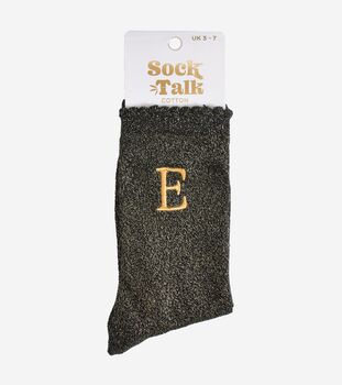 Women's Glitter Socks Black Gold Initial 'E', 5 of 5